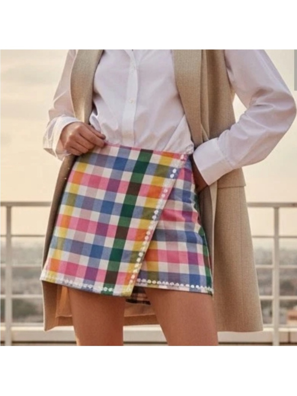 Crown & Ivy Rainbow Plaid Eyelet Trim Faux Wrap Mini Skirt Size 16